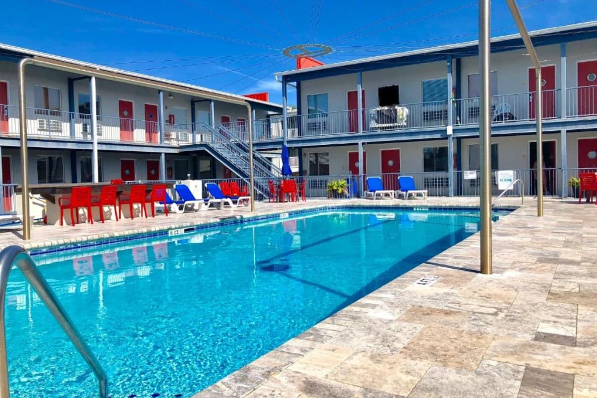 Outdoor saltwater pool and courtyard