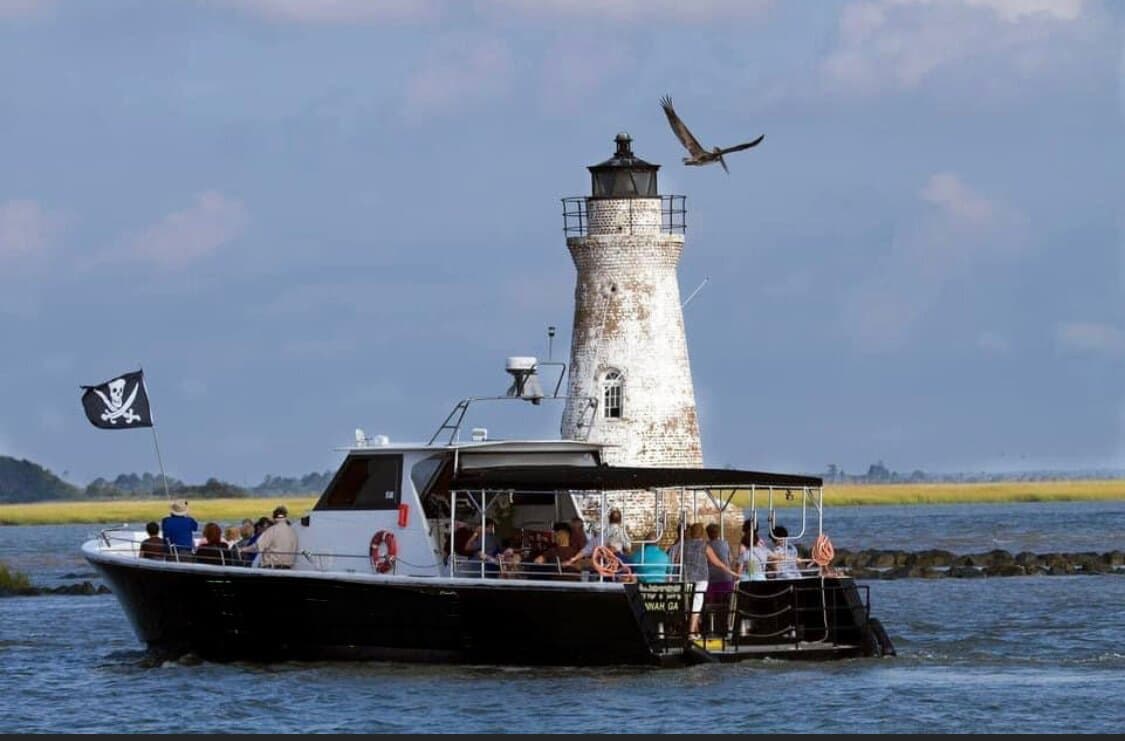 Dolphin tour boat on the water near Tybee Island with a dolphin visible